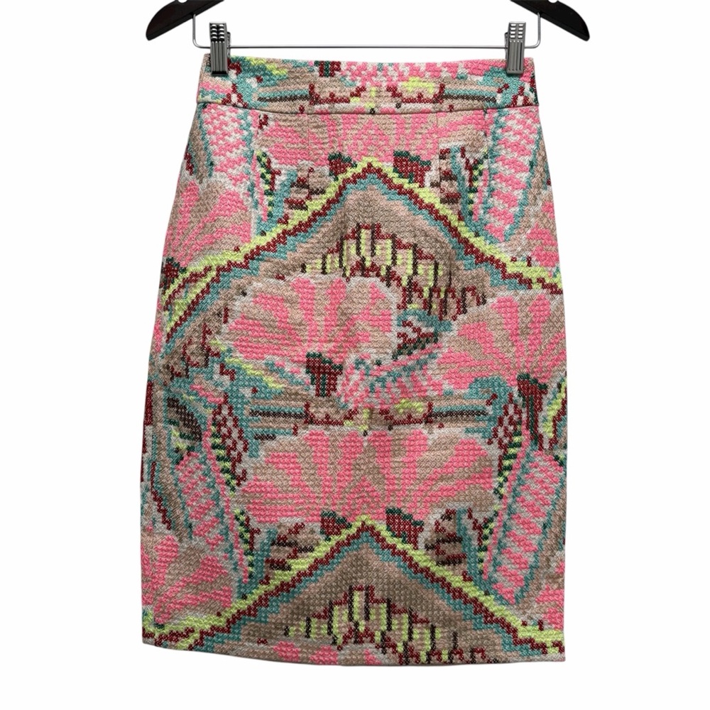 Fish Fry Anthropologie Cross Stitch Pink Pencil Skirt Size 4